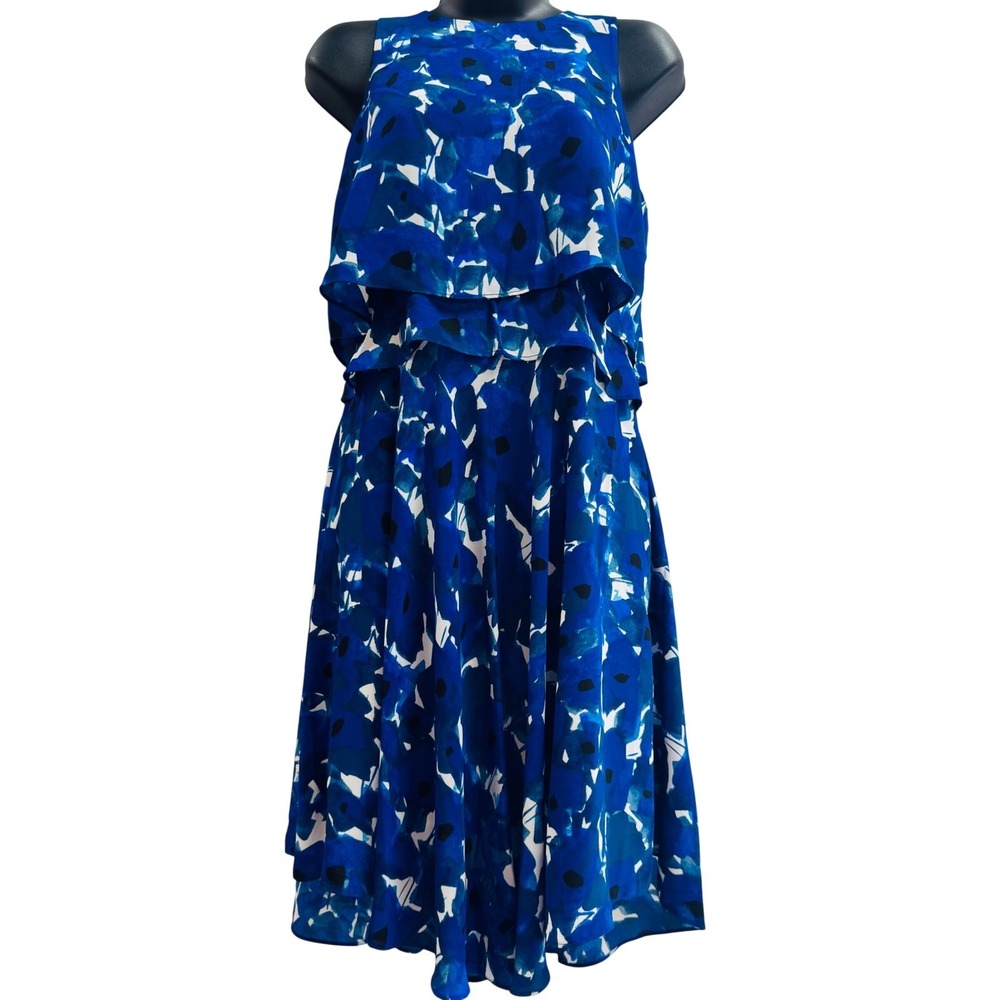 NWT Ivanka Trump Blue White Abstract Floral Tiered Ruffle Dress Size 6‎